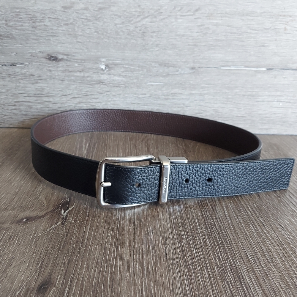 Coach Pebbled Leather Reversible Brown Black Harness Buckle Belt 38.5" Long